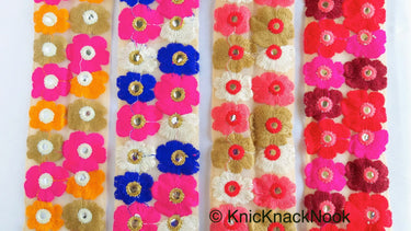Beige Net Lace Trim In Blue, Off White, Fuchsia Pink And Gold Floral Embroidery And Mirror Embellishments